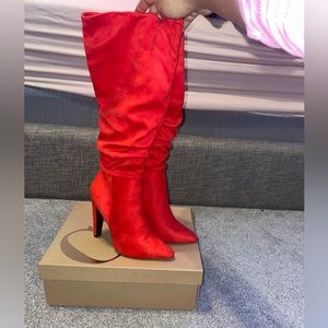 Red velvet knee boots